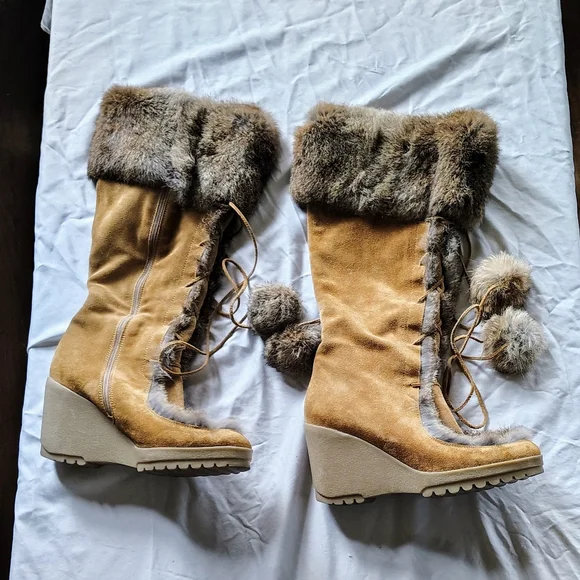 Ladies 8 Coach Rare Camel Suede Rabbit Fur Arctic Blast Knee High Wedge Boot - Picture 2 of 6